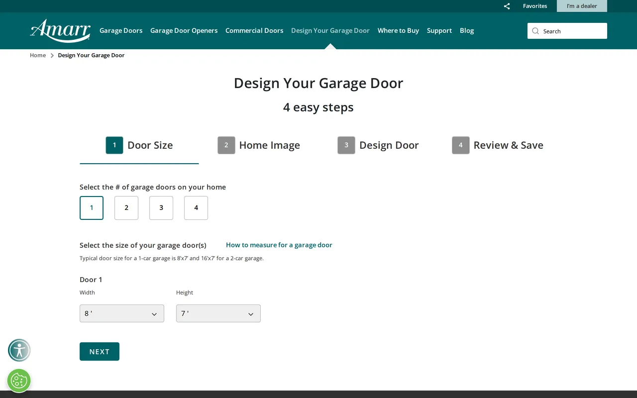 Amarr Design Your Garage Door home page screenshot
