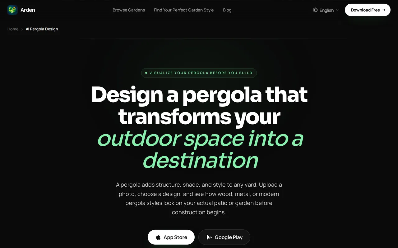 Arden AI Pergola Design home page screenshot