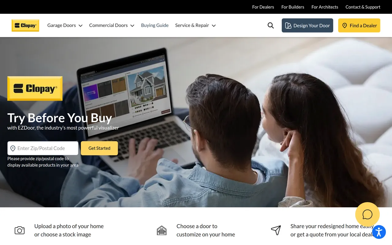 Clopay EZDoor home page screenshot