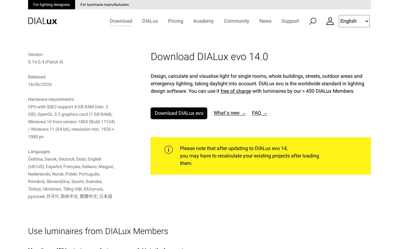 DIALux evo home page screenshot