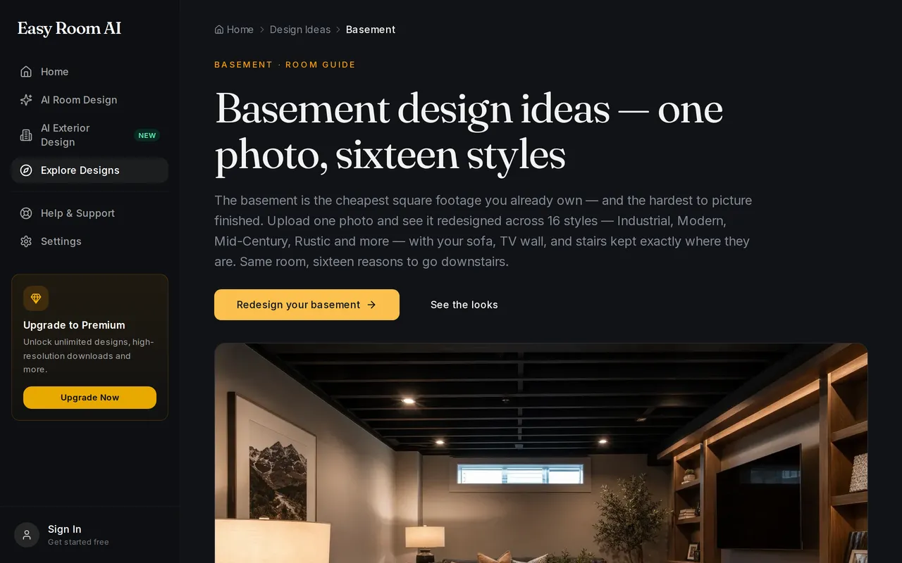 EasyRoomAI Basement home page screenshot
