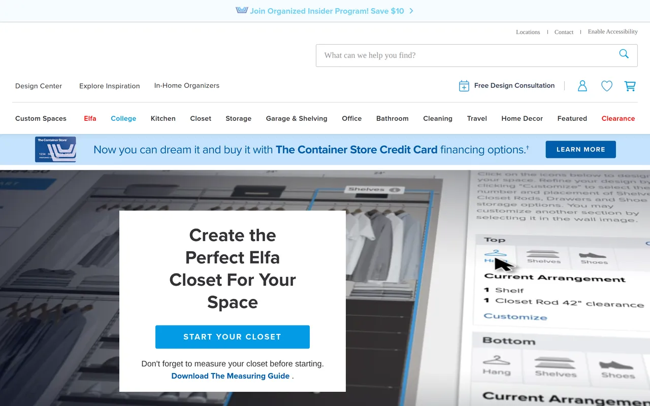 Container Store Elfa Closet Designer home page screenshot