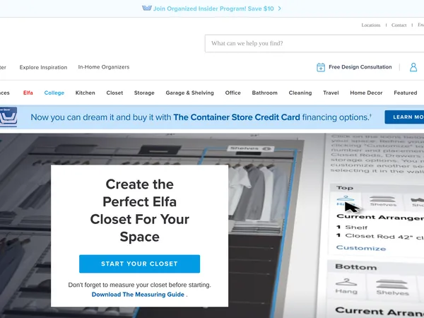Container Store Elfa Closet Designer screenshot