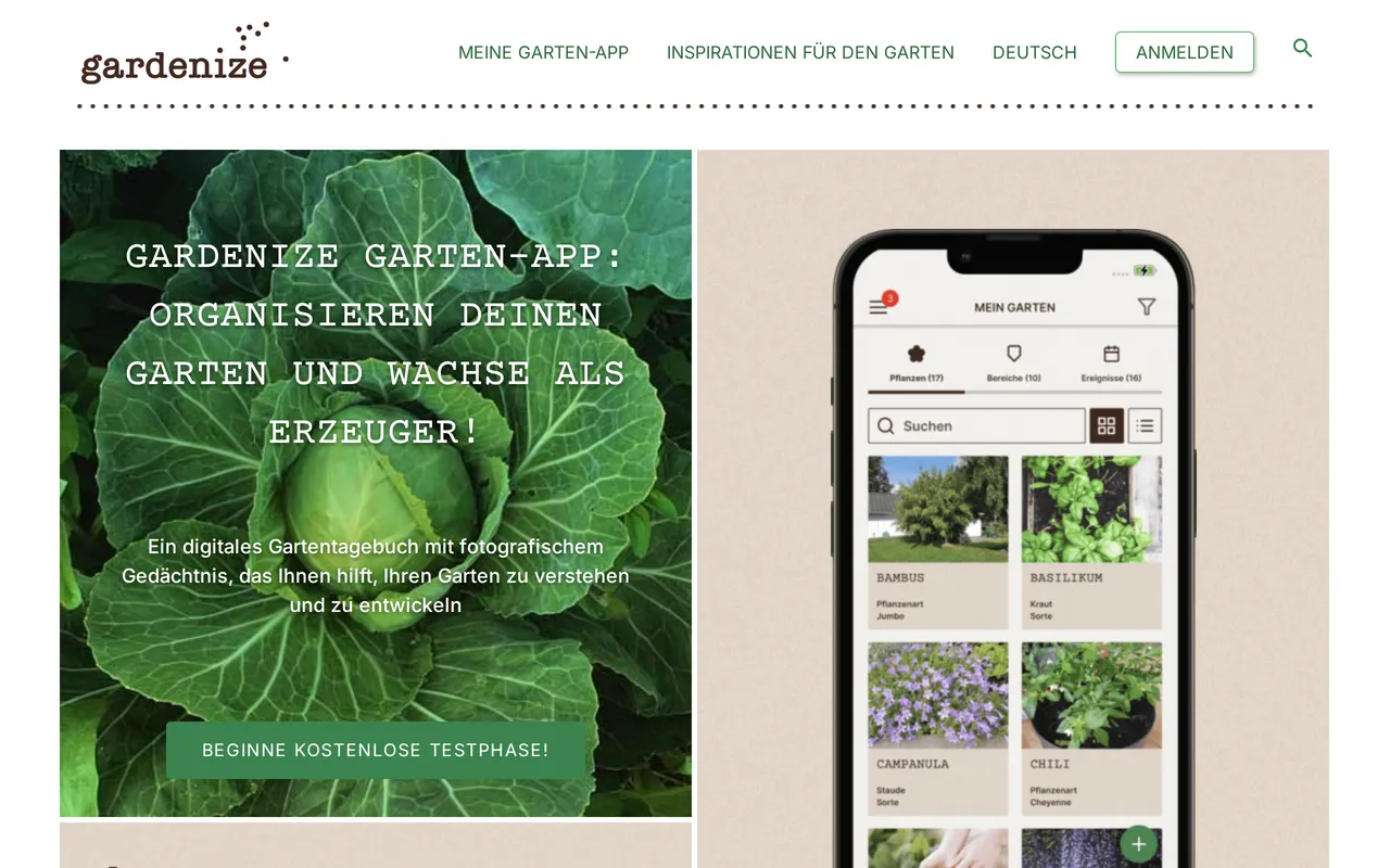 Gardenize home page screenshot