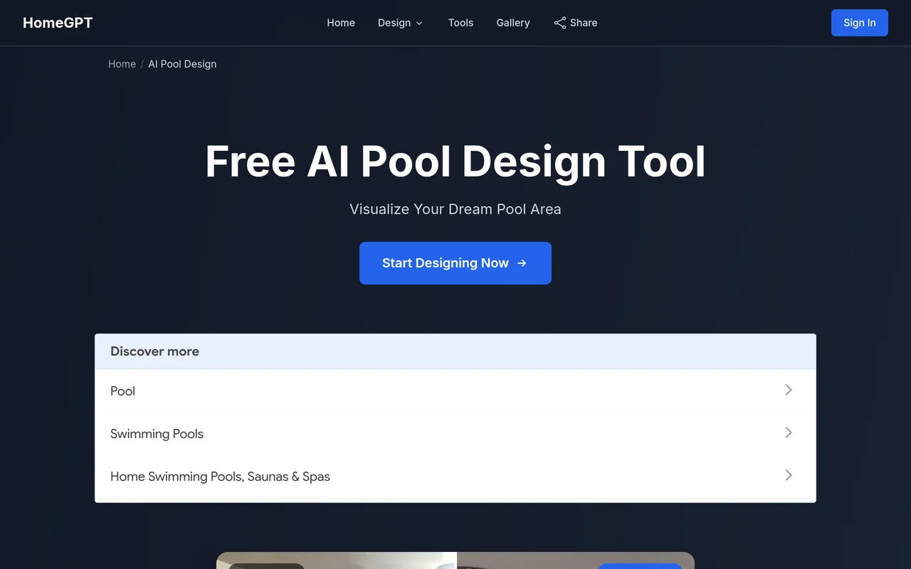 HomeGPT AI Pool Design home page screenshot