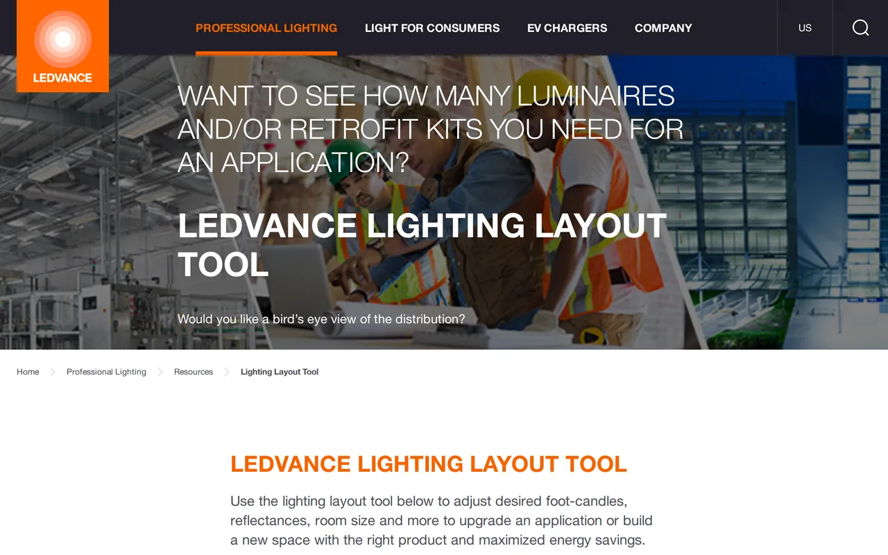 LEDVANCE Lighting Layout Tool home page screenshot