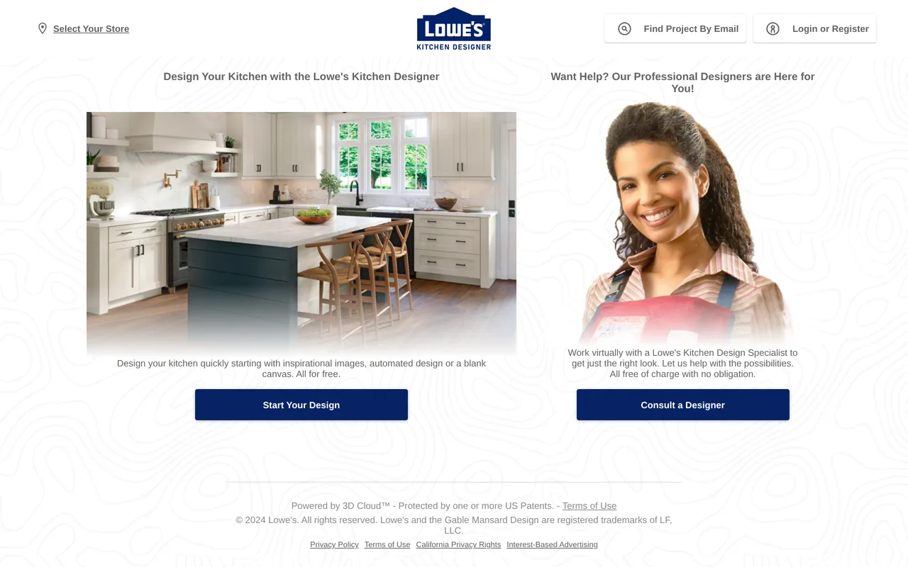 Lowe's Kitchen Planner home page screenshot
