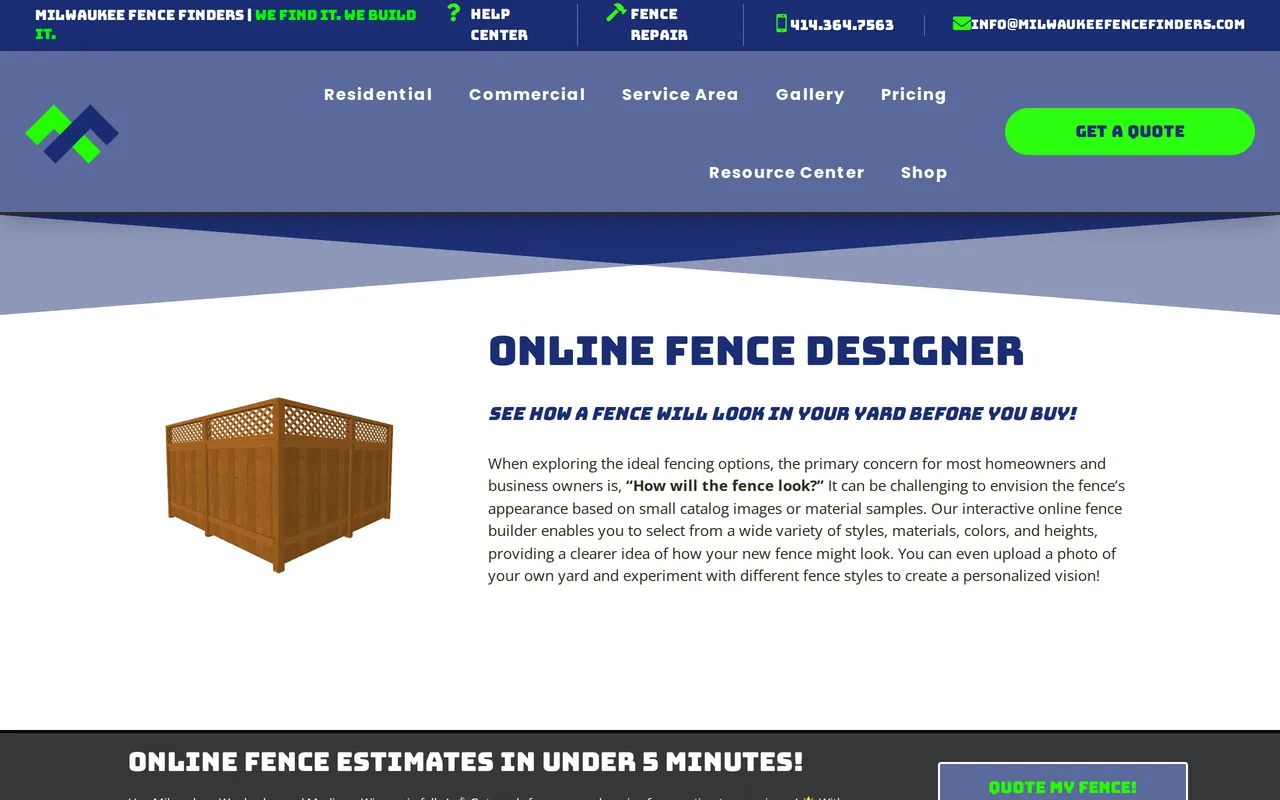 Milwaukee Fence Finders Online Designer home page screenshot