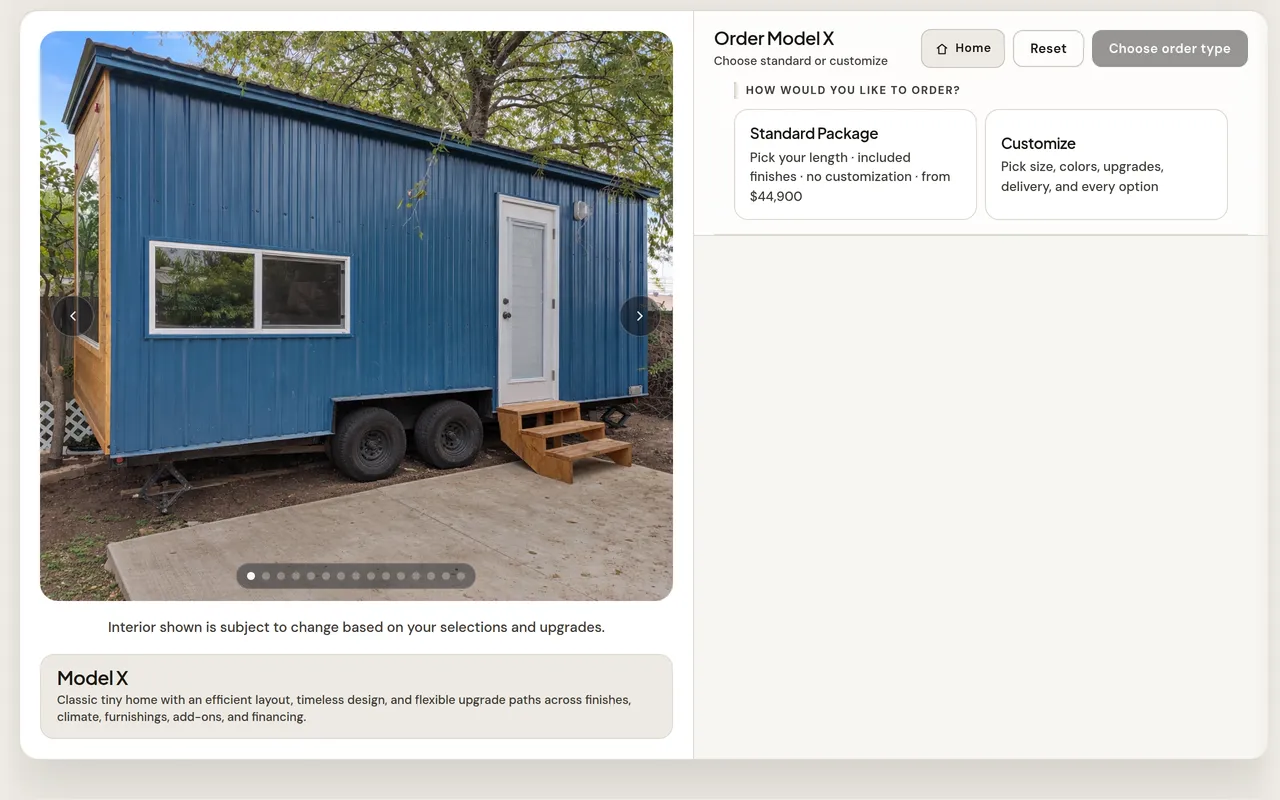 Pacifica Tiny Homes Model X Configurator home page screenshot