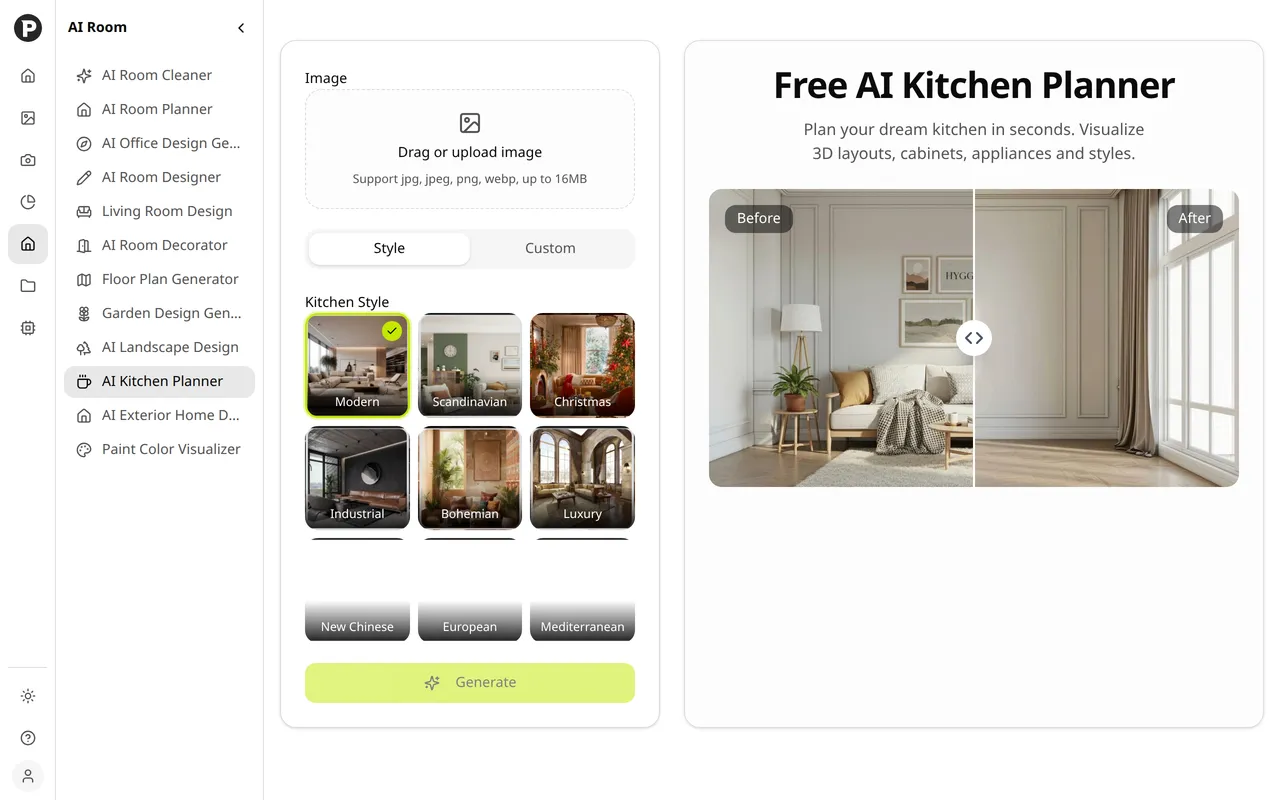 Picpala AI Kitchen Planner home page screenshot