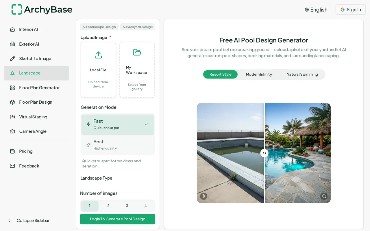 Pool Planner AI (Archybase) home page screenshot