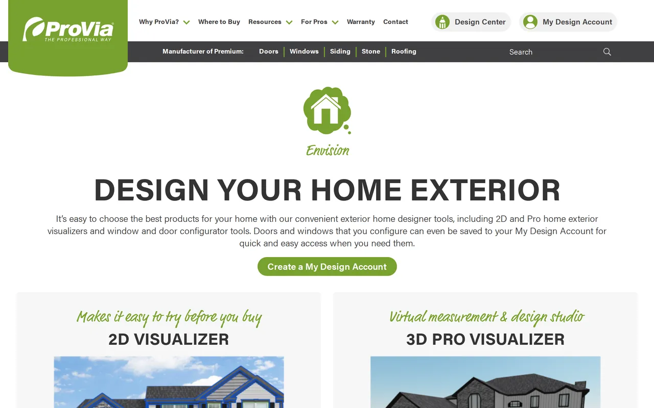 ProVia Envision Visualizer home page screenshot