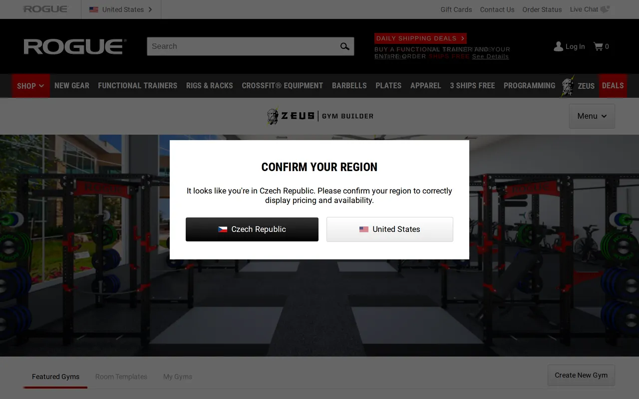 Rogue ZEUS Gym Builder home page screenshot