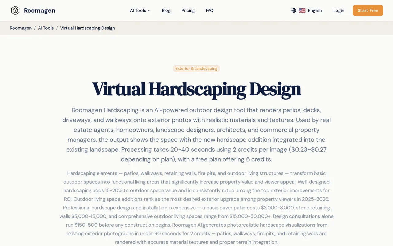Roomagen Hardscaping home page screenshot