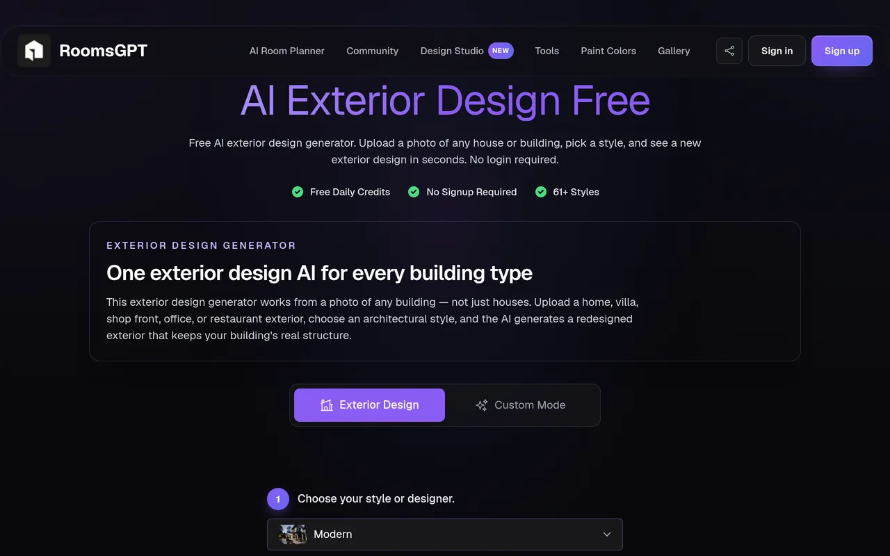 RoomsGPT Exterior home page screenshot