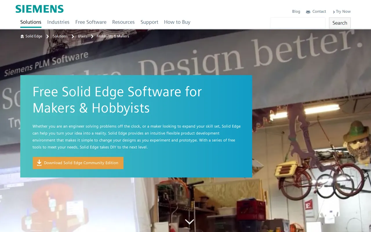 Solid Edge Community Edition home page screenshot
