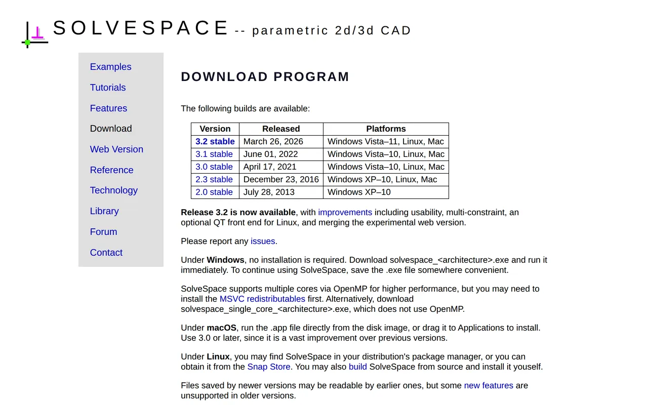 SolveSpace home page screenshot