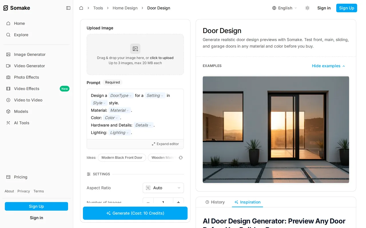 Somake AI Door Design Generator home page screenshot