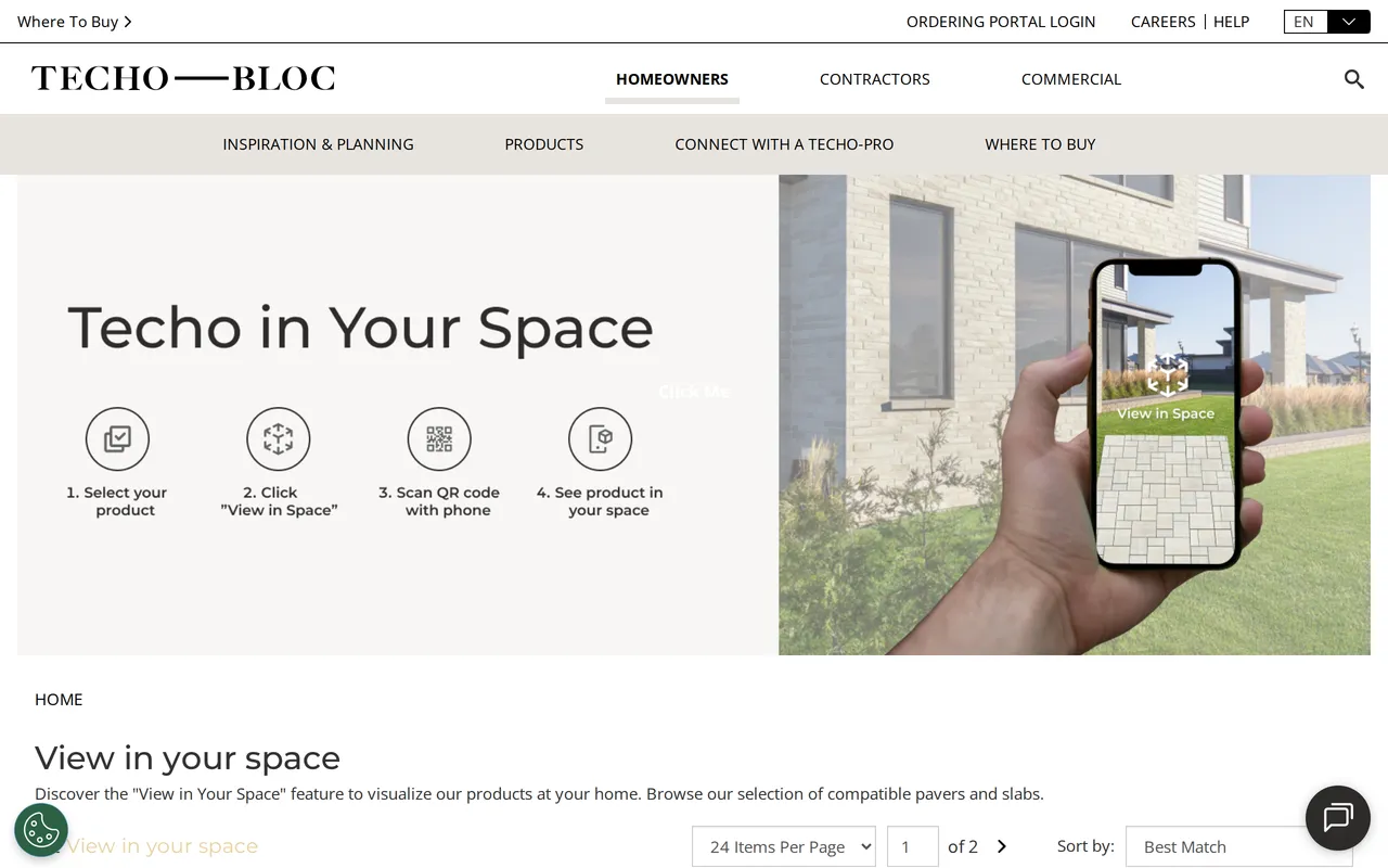 Techo-Bloc View in Your Space home page screenshot