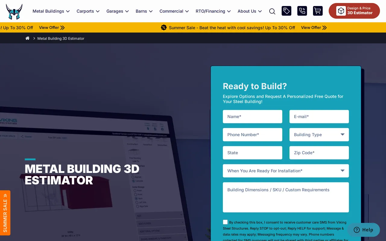 Viking Steel Structures 3D Estimator home page screenshot