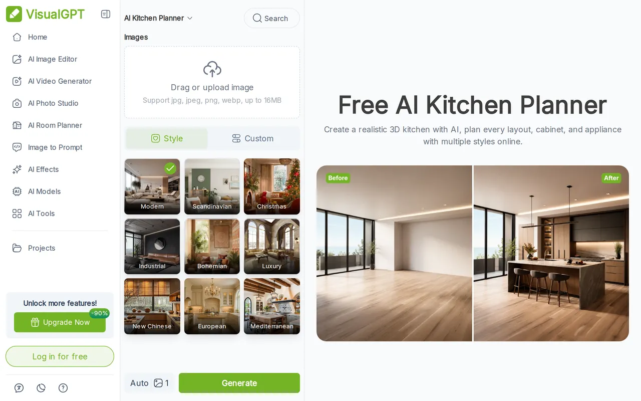 VisualGPT AI Kitchen Planner home page screenshot
